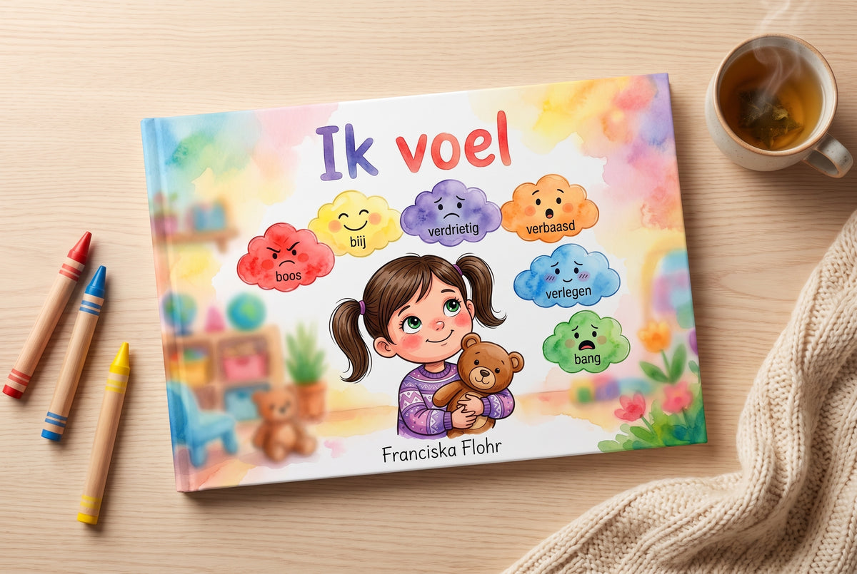 Voorplat van het kinderboek Ik voel met een meisje dat een teddybeer vasthoudt en wolkjes met emoties zoals boos en blij