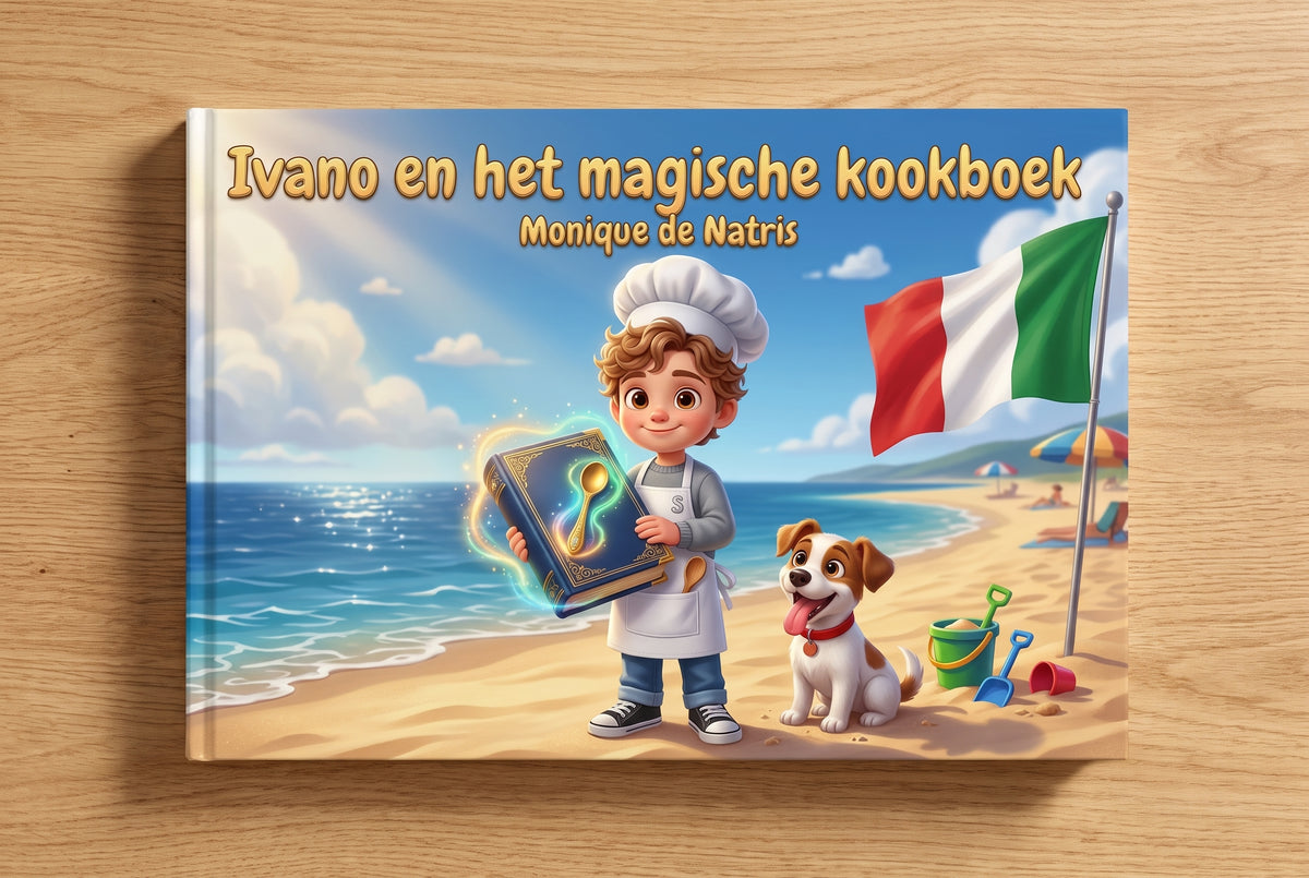 Voorplat van Ivano en het magische kookboek met Ivano en zijn hondje op het strand bij de Italiaanse vlag