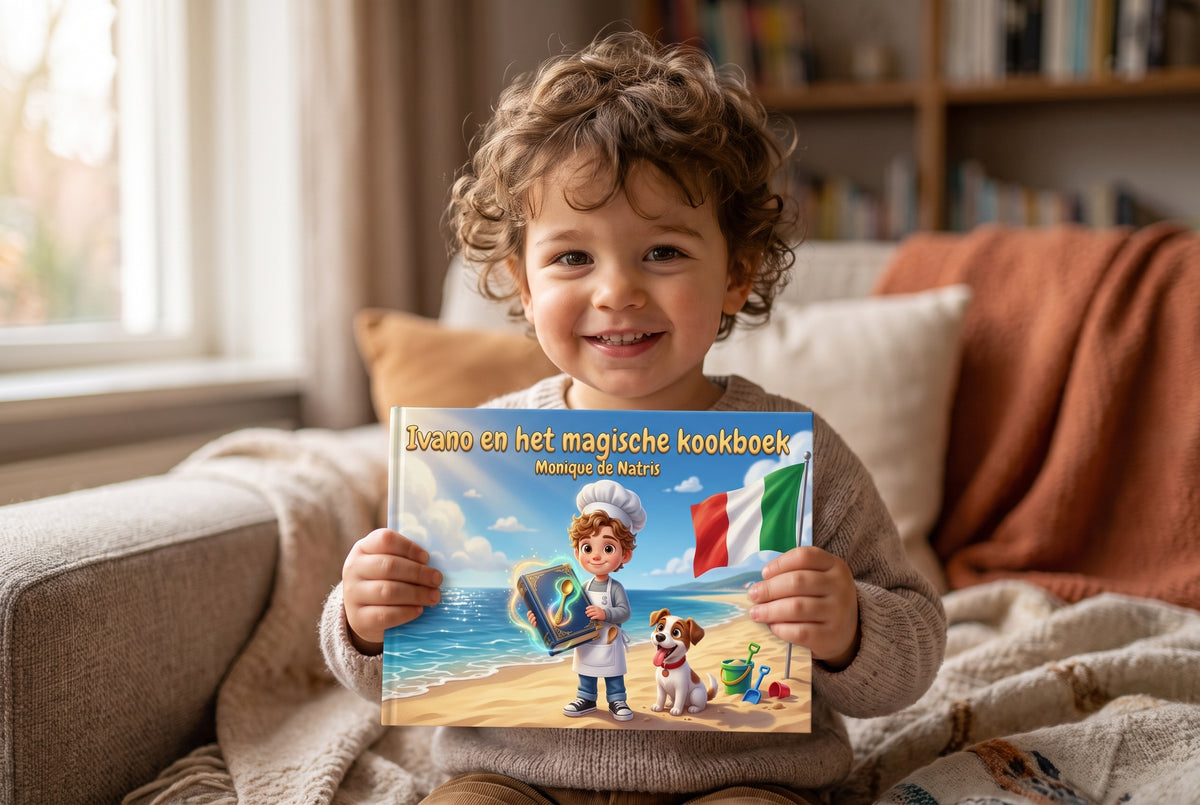 Kind zit op bank en houdt het kinderboek Ivano en het magische kookboek met Ivano en hondje Puck op het strand vast