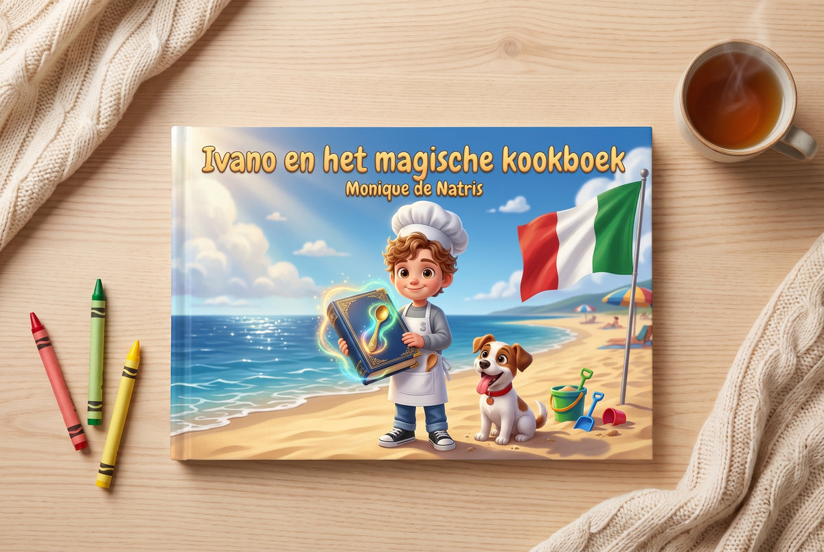 Voorpagina van Ivano en het magische kookboek met Ivano en zijn hondje Puck op het strand bij de zee en een Italiaanse vlag