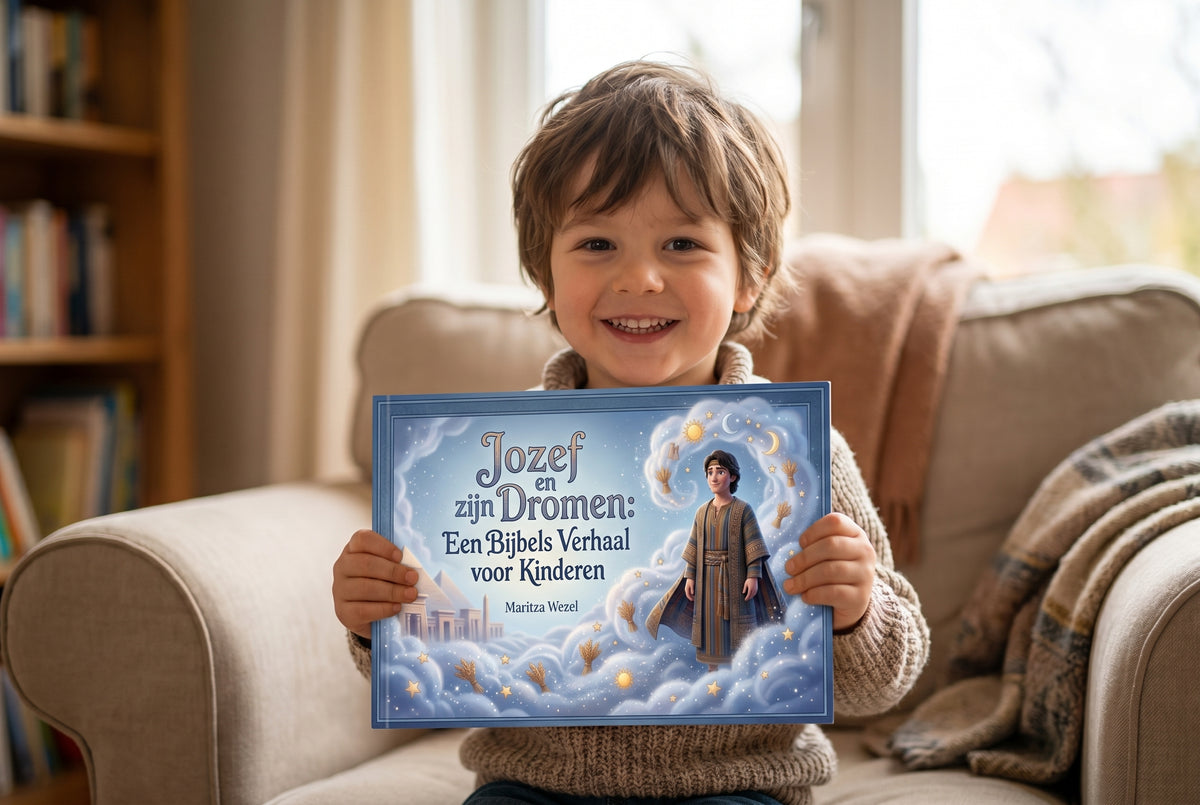 Kind toont het boek 'Jozef en zijn dromen: Een Bijbels verhaal voor kinderen' met illustratie van Jozef in een blauwe hemelachtergrond