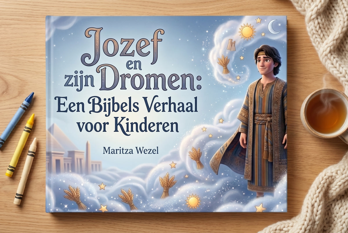Voorplat van het kinderboek Jozef en zijn Dromen met illustratie van Jozef en symbolen van zon, maan en sterren