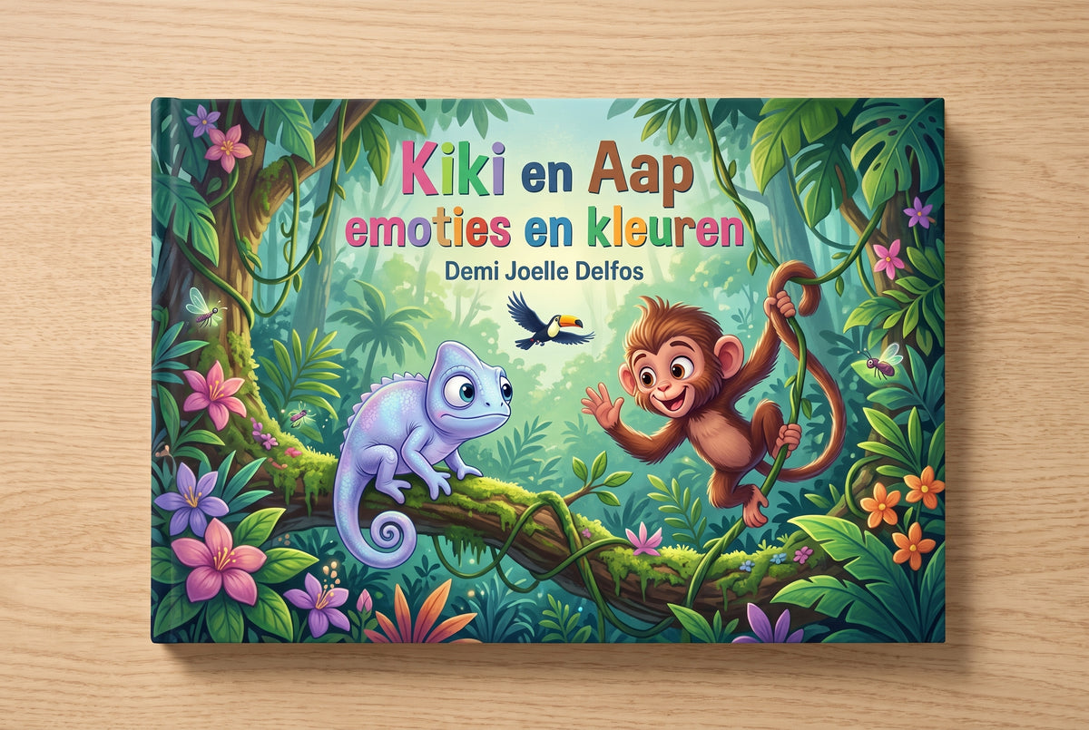 Voorplat van het kinderboek Kiki en Aap emoties en kleuren met Kiki de kameleon en Aap de aap in een kleurrijk bos