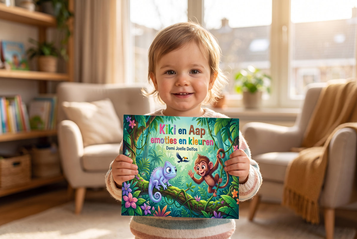 Kind houdt het kinderboek Kiki en Aap emoties en kleuren vast met kleurrijke illustratie van kameleon en aap in het bos