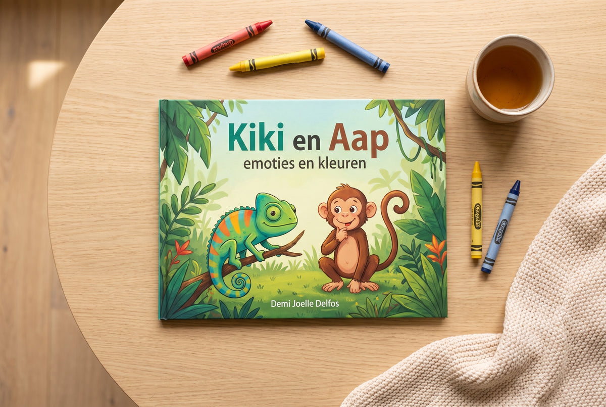 Voorplat van het kinderboek Kiki en Aap met een kameleon en aap in een kleurrijk bos, omringd door krijtjes en een kopje thee
