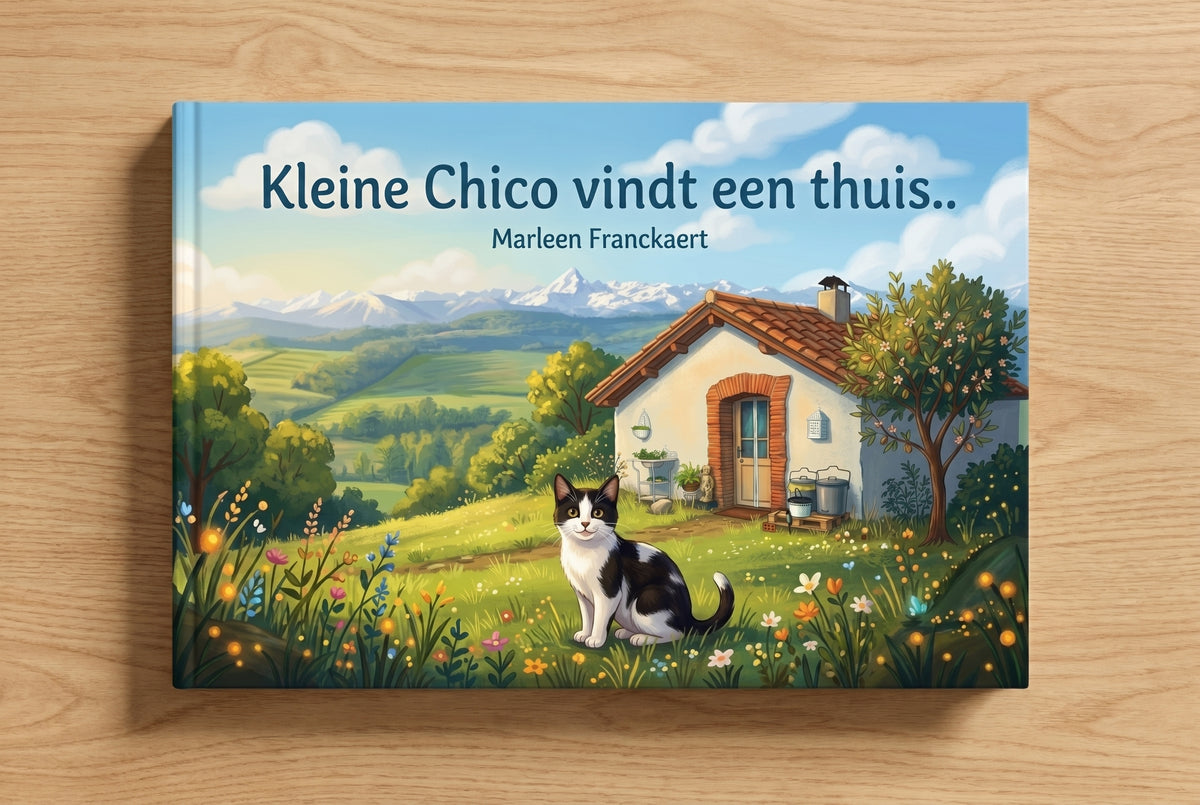 Voorplat van het kinderboek Kleine Chico vindt een thuis met een katje voor een huis in een groene landschap