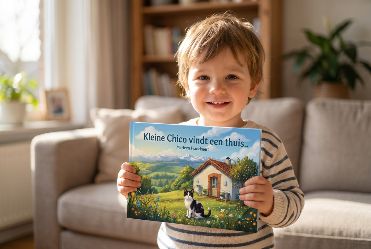Jong kind houdt het kinderboek Kleine Chico vindt een thuis vast met een illustratie van een huis en een kat