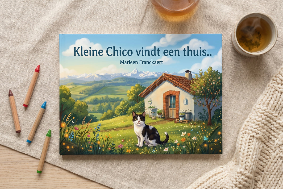 Voorplat van het kinderboek Kleine Chico vindt een thuis met een kat voor een huis in een groene landschap