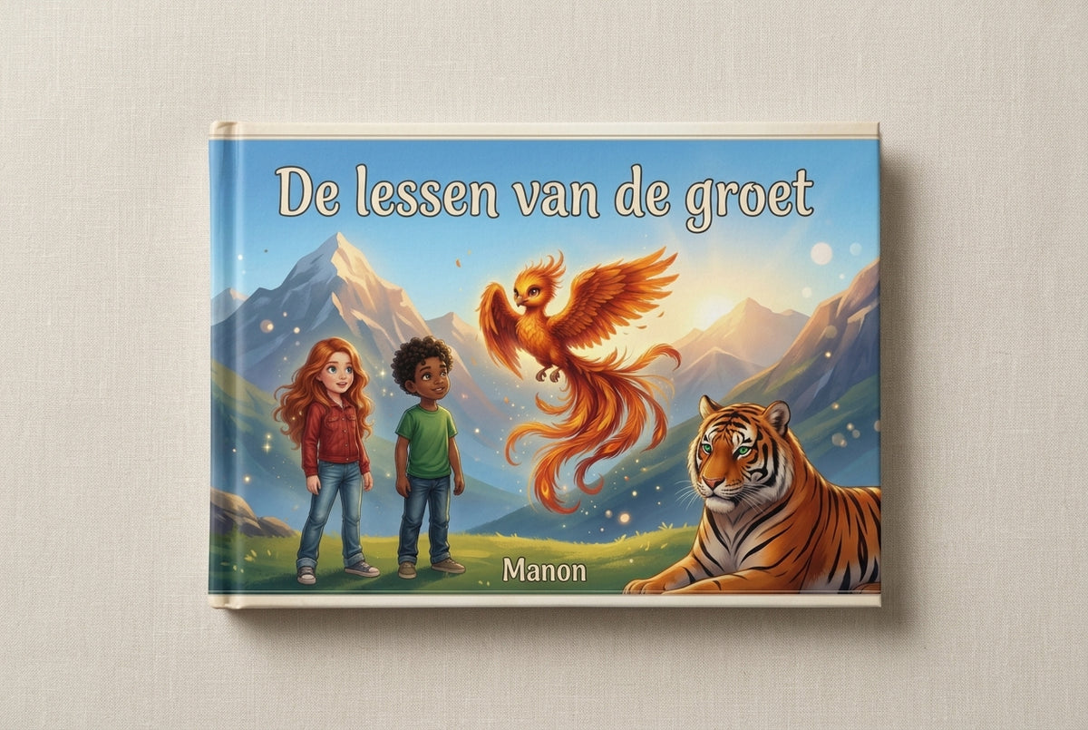 Voorplat van het kinderboek De lessen van de groet met Tim, Jasmijn, een vurige vogel en een tijger voor bergen