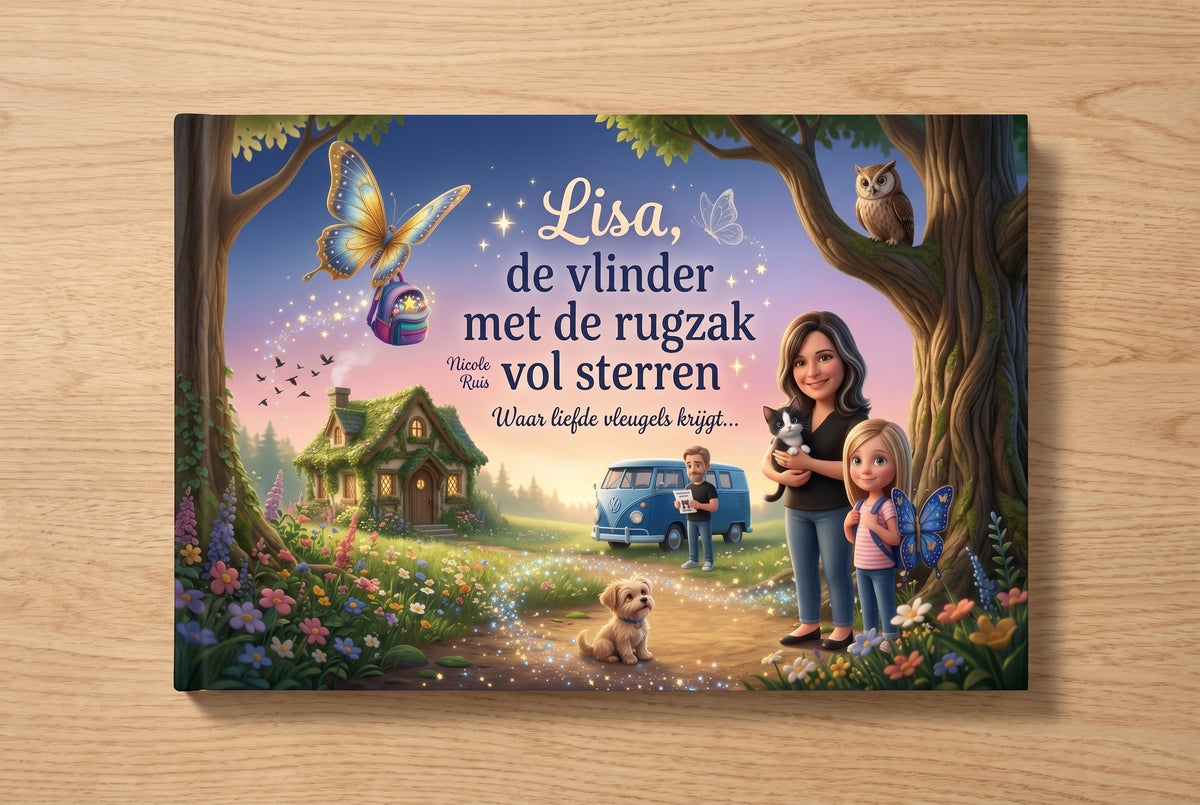 Voorplat van het kinderboek Lisa, de vlinder met de rugzak vol sterren met een magische vlinder en een gezin in een bosrijke omgeving