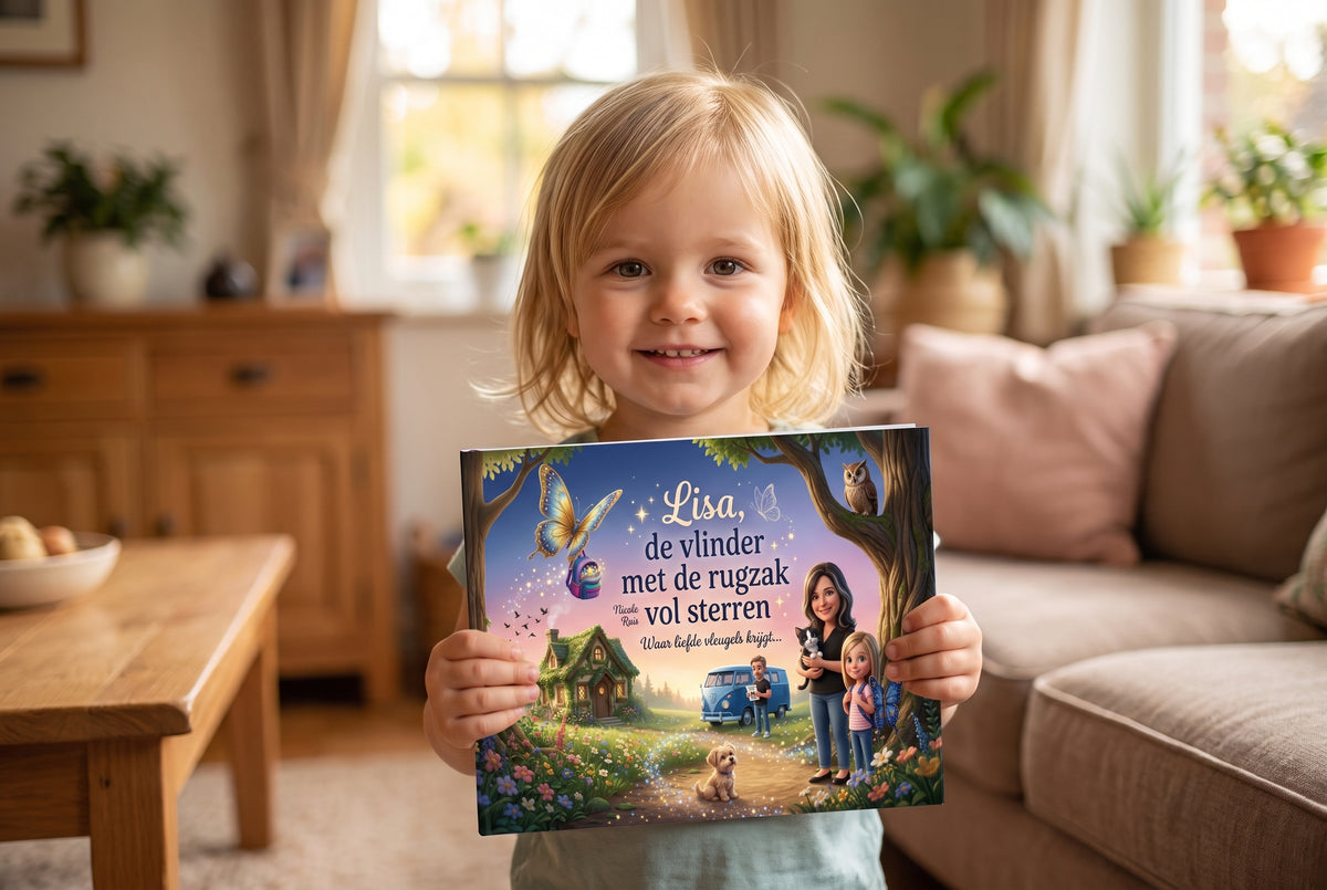 Kind houdt het kinderboek Lisa, de vlinder met de rugzak vol sterren vast in een gezellige woonkamer