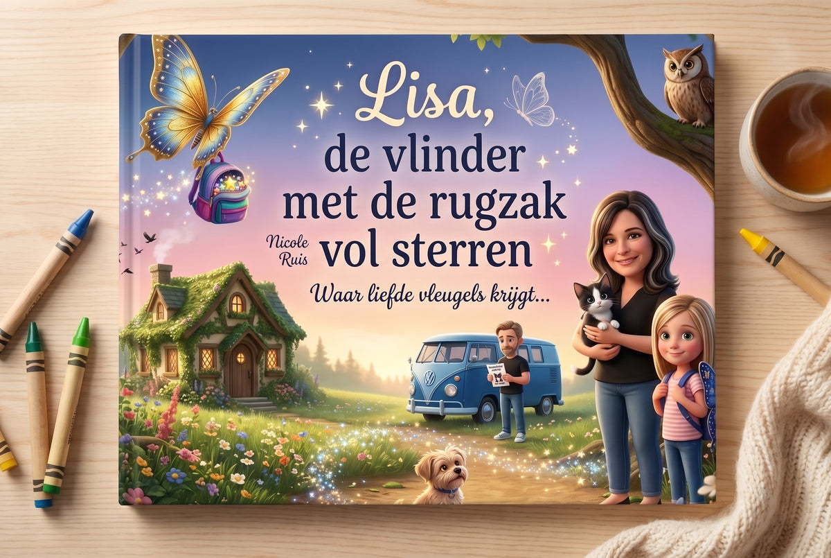 Voorpagina van Lisa, de vlinder met de rugzak vol sterren met een vlinder, huis, busje, vrouw, meisje en hond in een magisch landschap