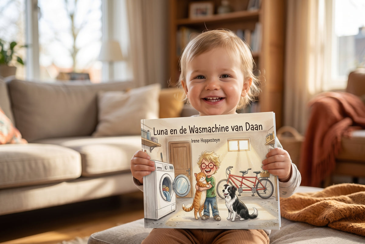 Kind lacht en houdt het kinderboek Luna en de Wasmachine van Daan vast met een wasmachine en dieren op de voorkant