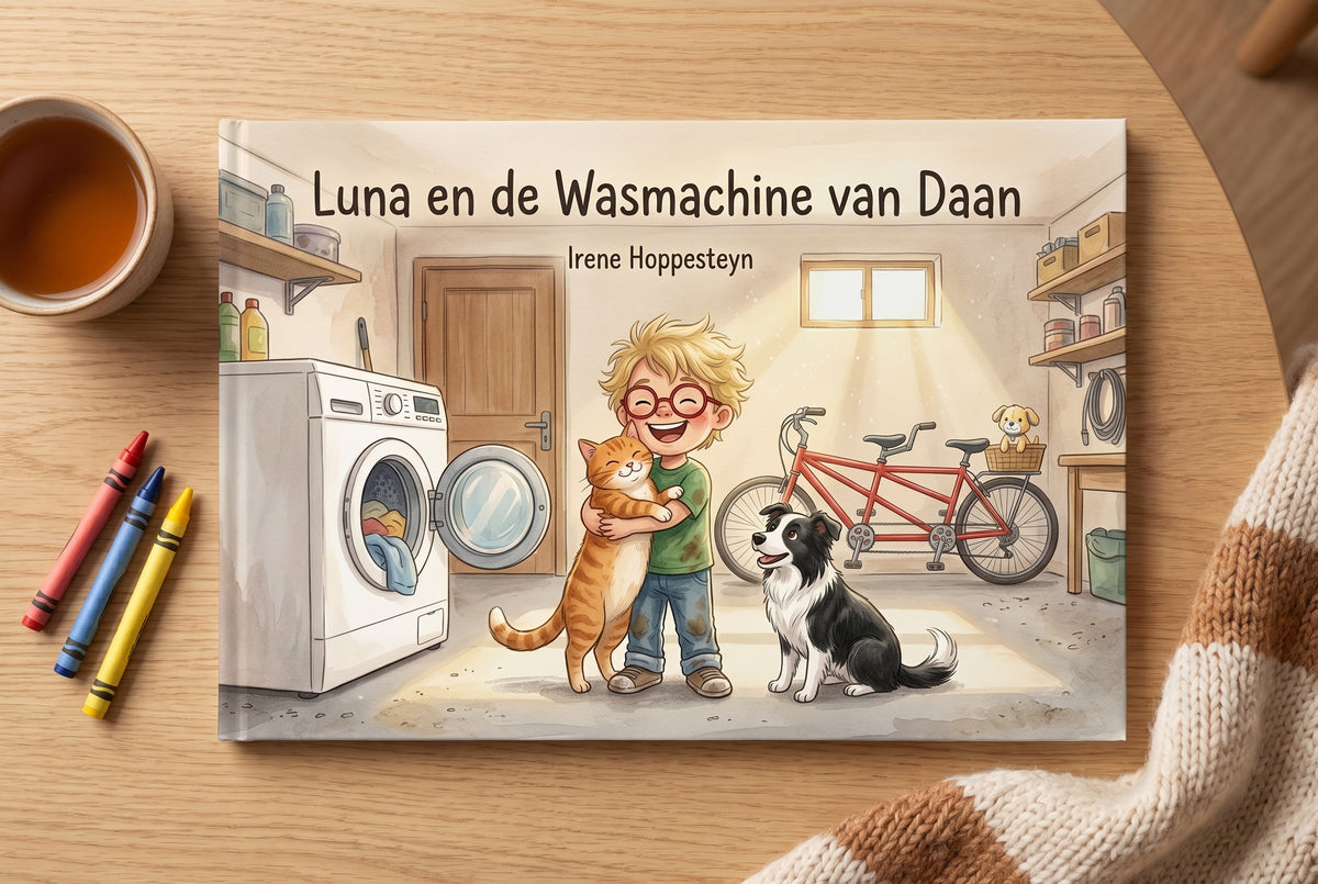 Voorplat van Luna en de Wasmachine van Daan met jongen die kat knuffelt in wasruimte met hond en fiets