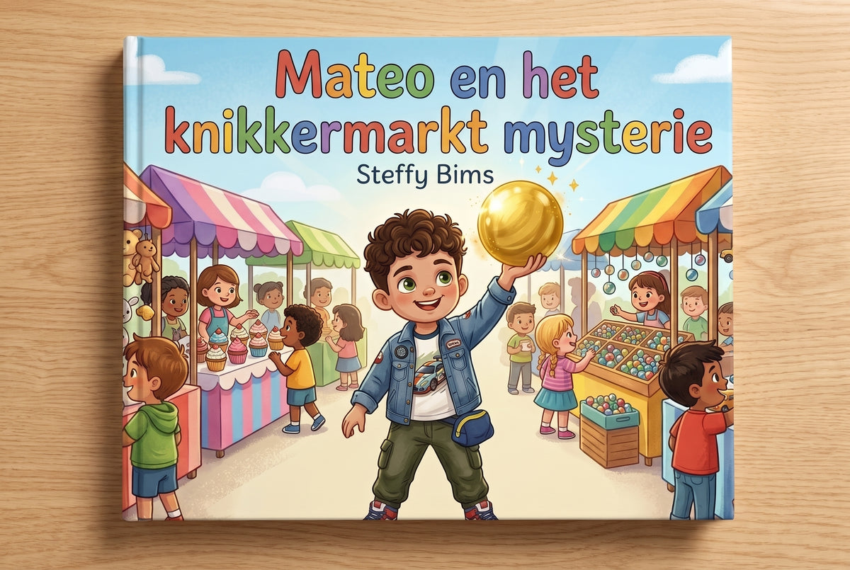 Voorplat van kinderboek Mateo en het knikkermarkt mysterie met Mateo die een grote gouden knikker vasthoudt op een markt