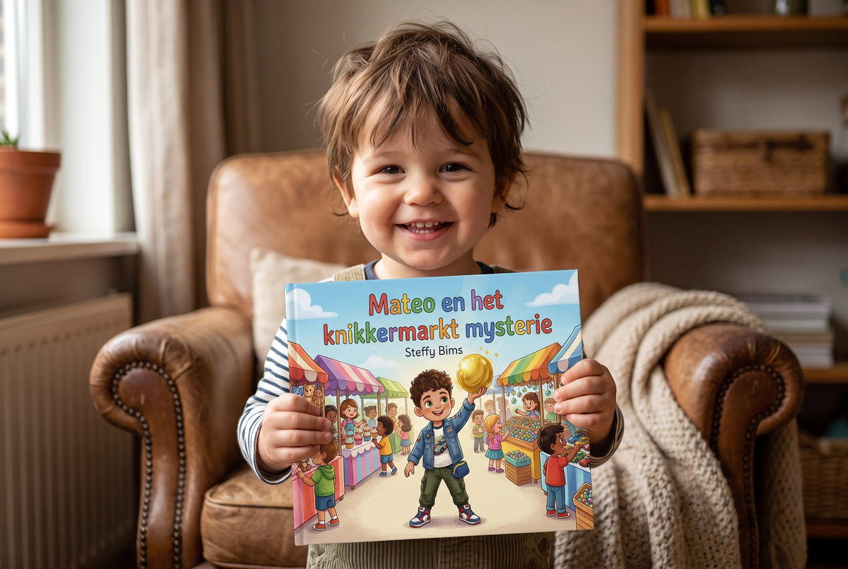 Kind houdt het kinderboek Mateo en het knikkermarkt mysterie vast met kleurrijke marktillustratie op de voorkant