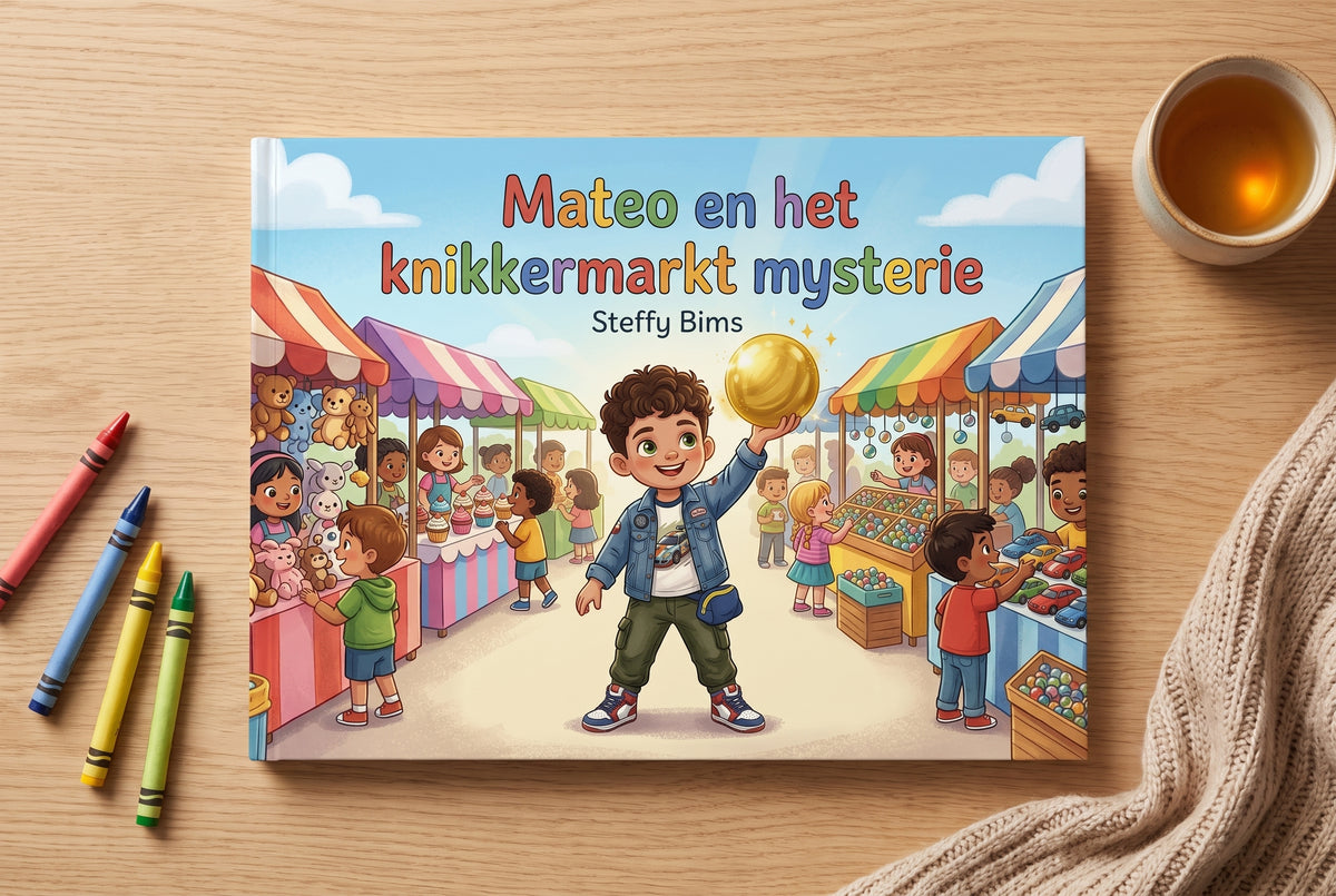 Voorplat van Mateo en het knikkermarkt mysterie met Mateo die een grote gouden knikker vasthoudt op een markt met kraampjes