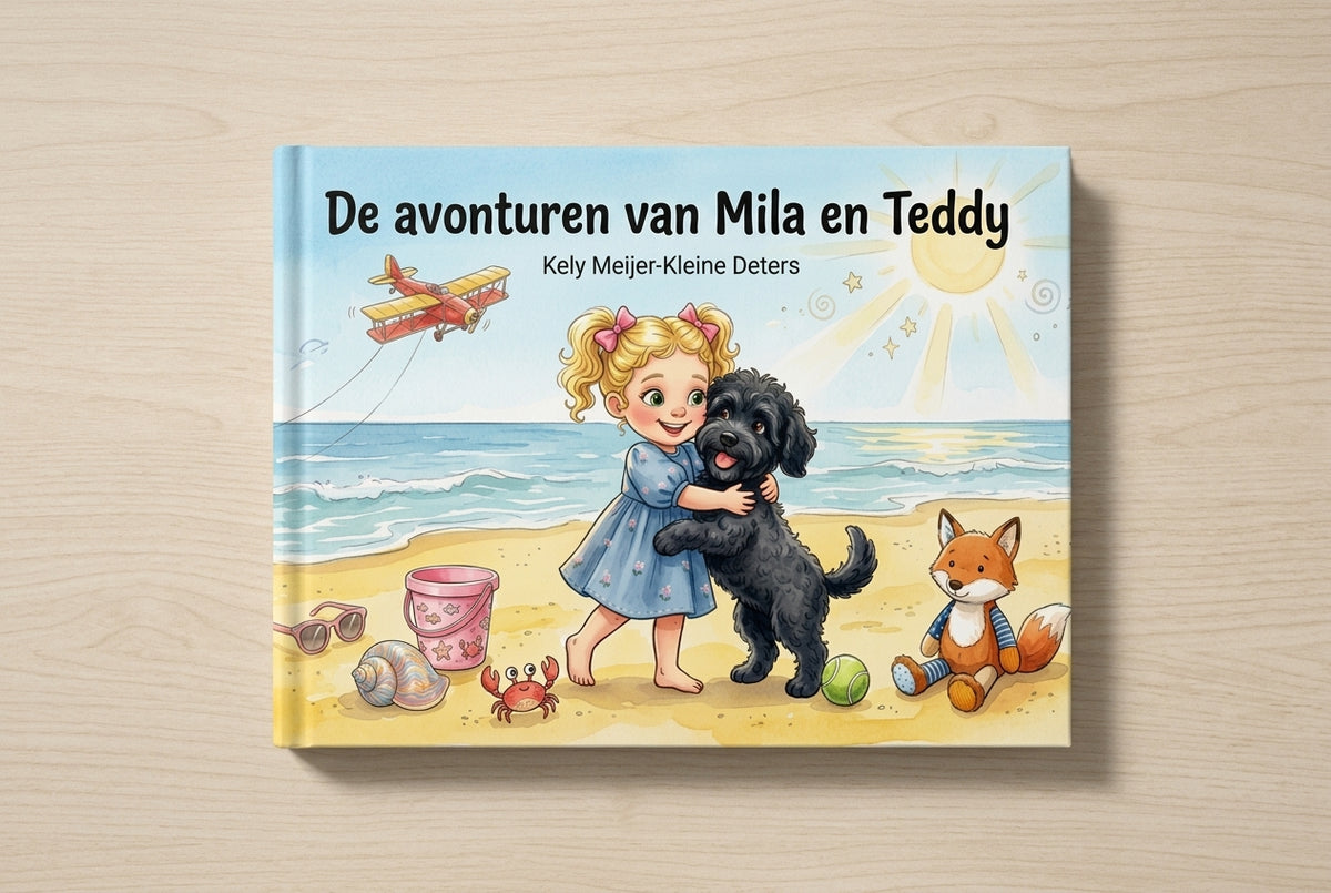 Voorplat van het kinderboek De avonturen van Mila en Teddy met meisje en hond op het strand