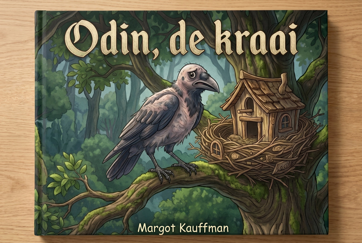 Voorplat van het kinderboek Odin, de kraai met een kale kraai op een tak naast een nest met een houten huisje in een bos