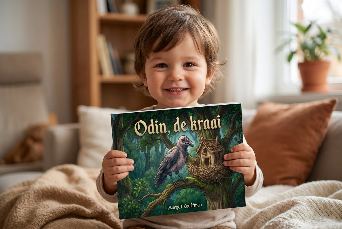 Kind houdt het kinderboek Odin, de kraai vast met een kraai en een nest op de voorkant