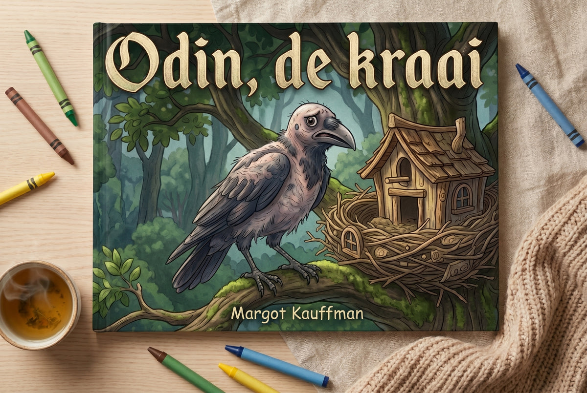 Voorpagina van het kinderboek Odin, de kraai met een kale kraai en een nest met een vogelhuisje in een bosrijke omgeving