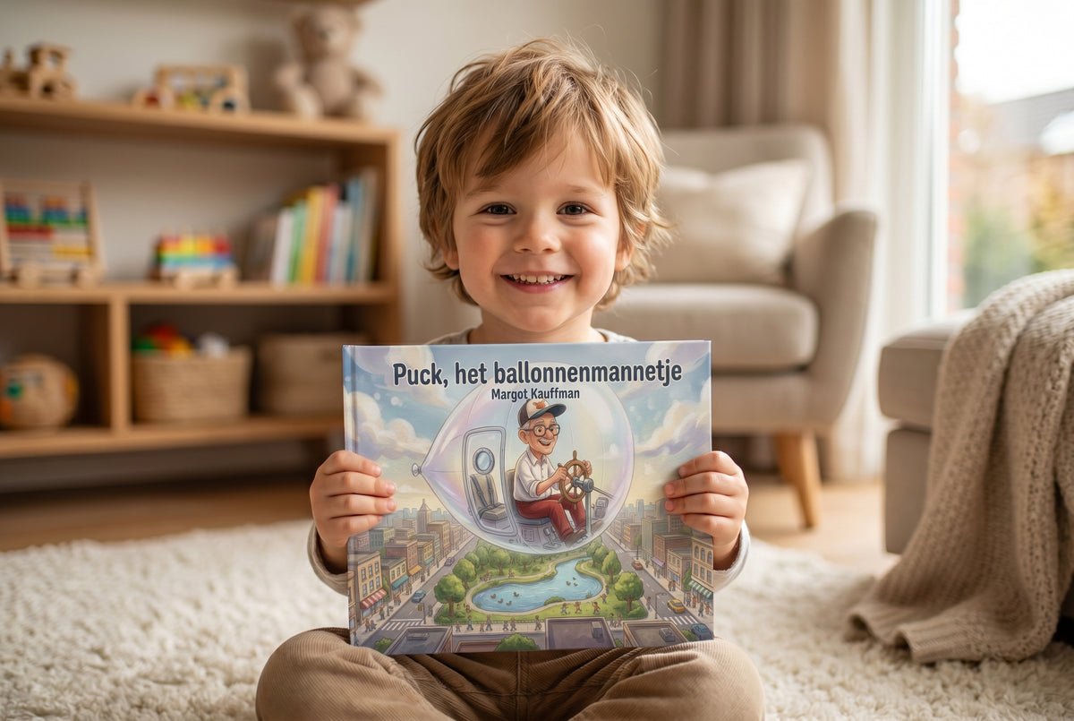 Kind zit op vloer en houdt het boek Puck, het ballonnenmannetje met kleurrijke cover vast