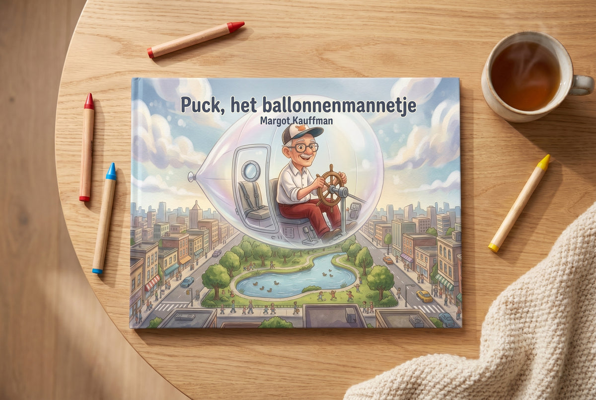 Voorplat van Puck, het ballonnenmannetje met Puck in een doorzichtige ballon boven een stadspark