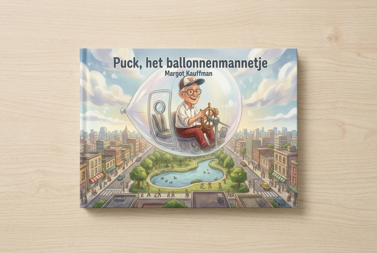 Voorplat van Puck, het ballonnenmannetje met Puck in een doorzichtige ballon boven een stadspark