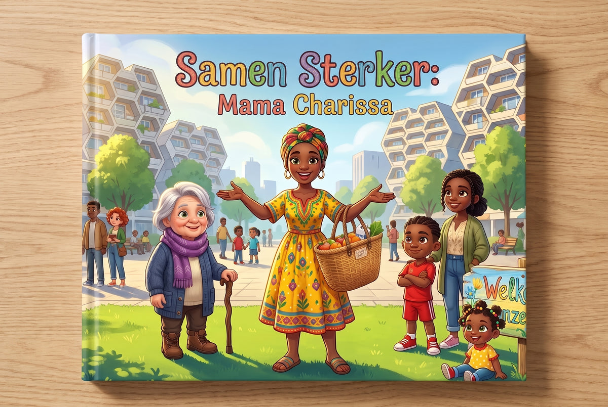 Voorpagina van Samen Sterker: Mama Charissa met kleurrijke illustratie van diverse mensen in de Bijlmer