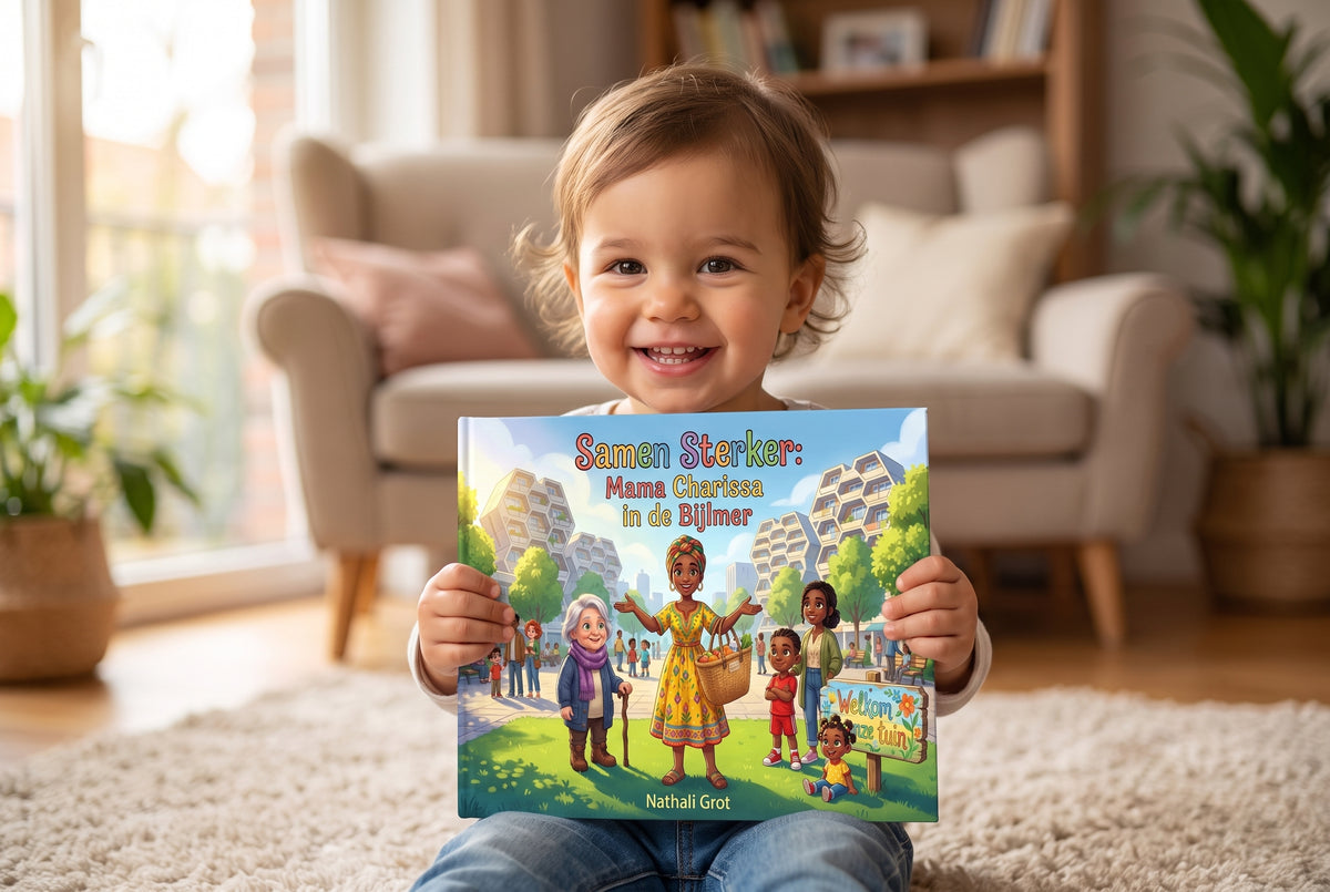 Kind houdt het kinderboek Samen Sterker: Mama Charissa in de Bijlmer met kleurrijke cover vast