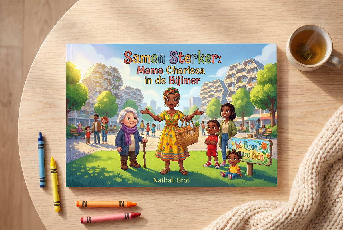 Voorplat van Samen Sterker: Mama Charissa in de Bijlmer met kleurrijke illustratie van diverse mensen in een buurtpark