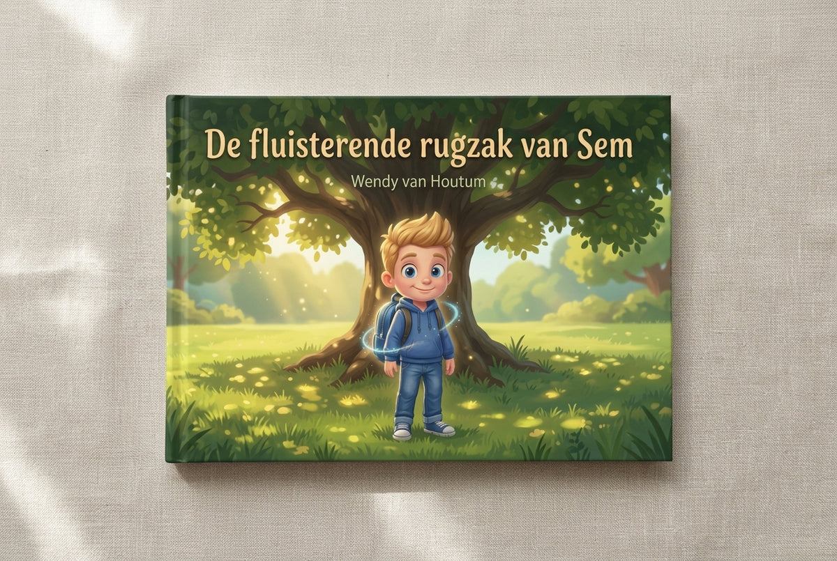Voorplat van het kinderboek De fluisterende rugzak van Sem met een jongen en een boom in een zonnig bos