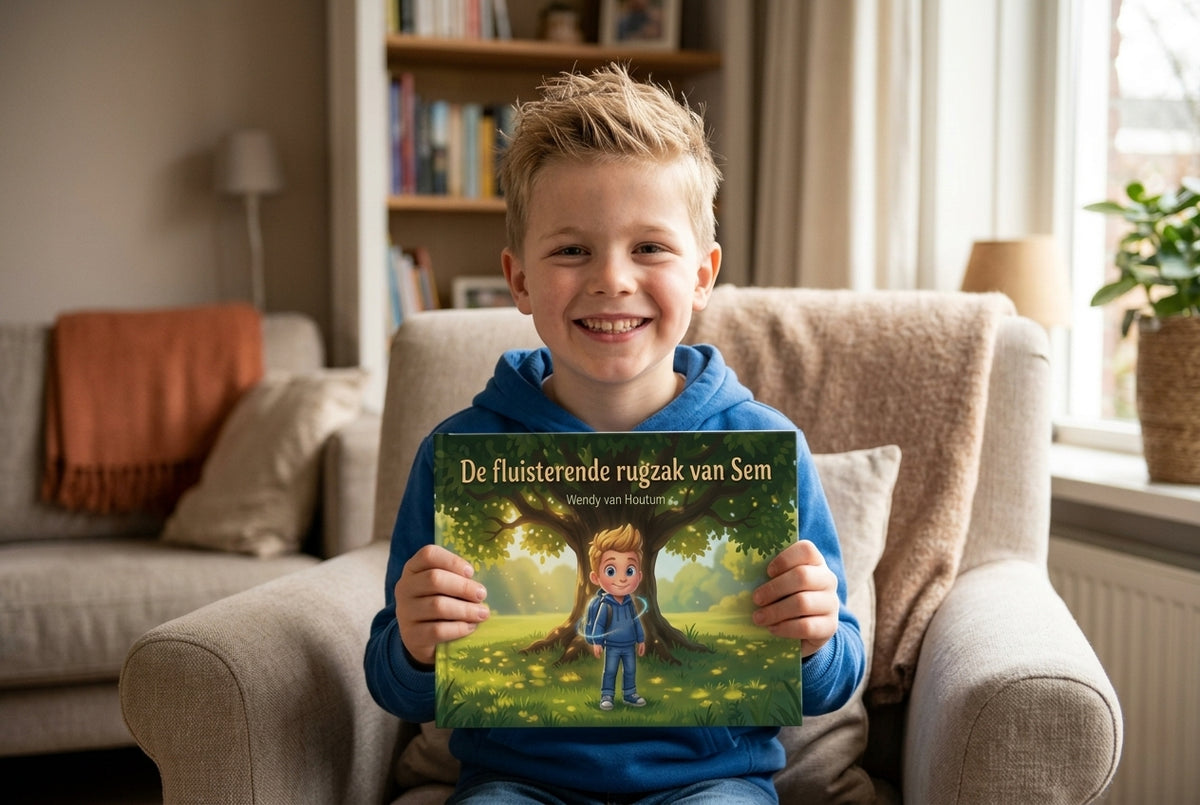 Jongen zit op een stoel en houdt het kinderboek De fluisterende rugzak van Sem met een illustratie van een jongen onder een boom vast