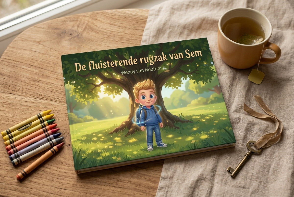 Voorplat van kinderboek De fluisterende rugzak van Sem met jongen onder boom, naast kleurpotloden, sleutel en kop thee