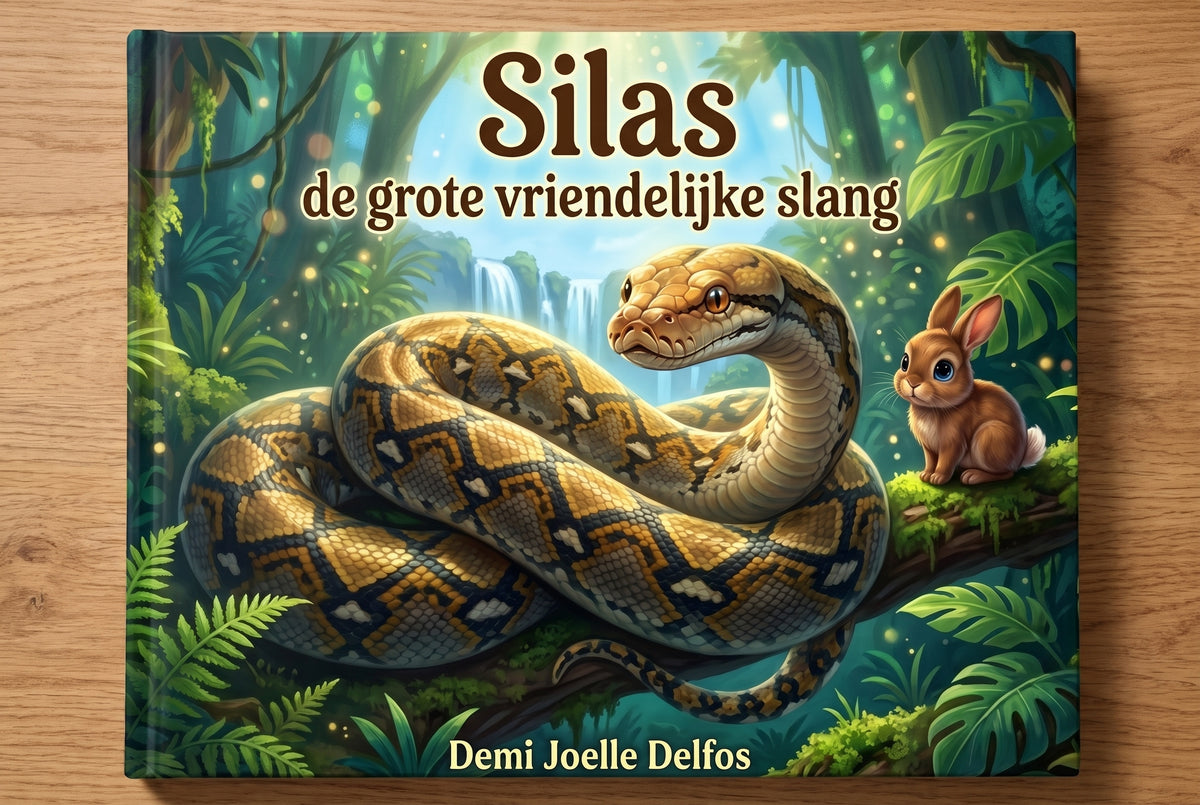 Voorplat van kinderboek Silas de grote vriendelijke slang met een grote slang en een konijntje in een jungle