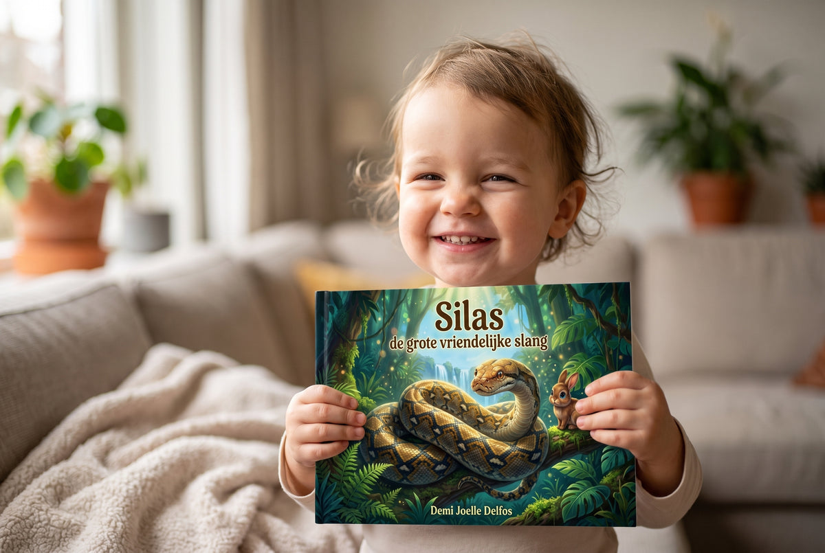 Kind houdt het kinderboek Silas de grote vriendelijke slang vast met kleurrijke jungleillustratie op de voorkant