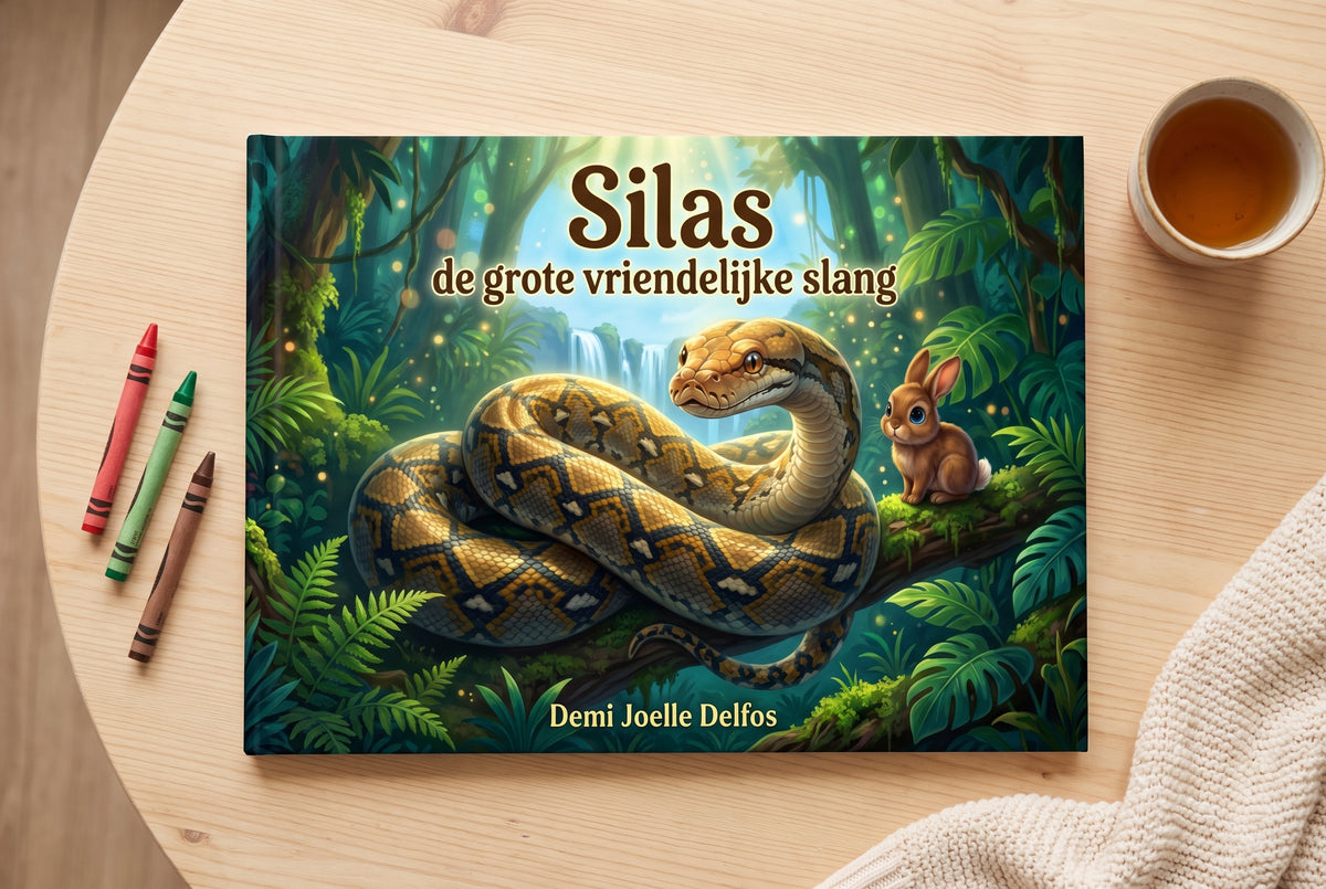 Voorplat van het kinderboek Silas de grote vriendelijke slang met een slang en een konijntje in een jungleomgeving