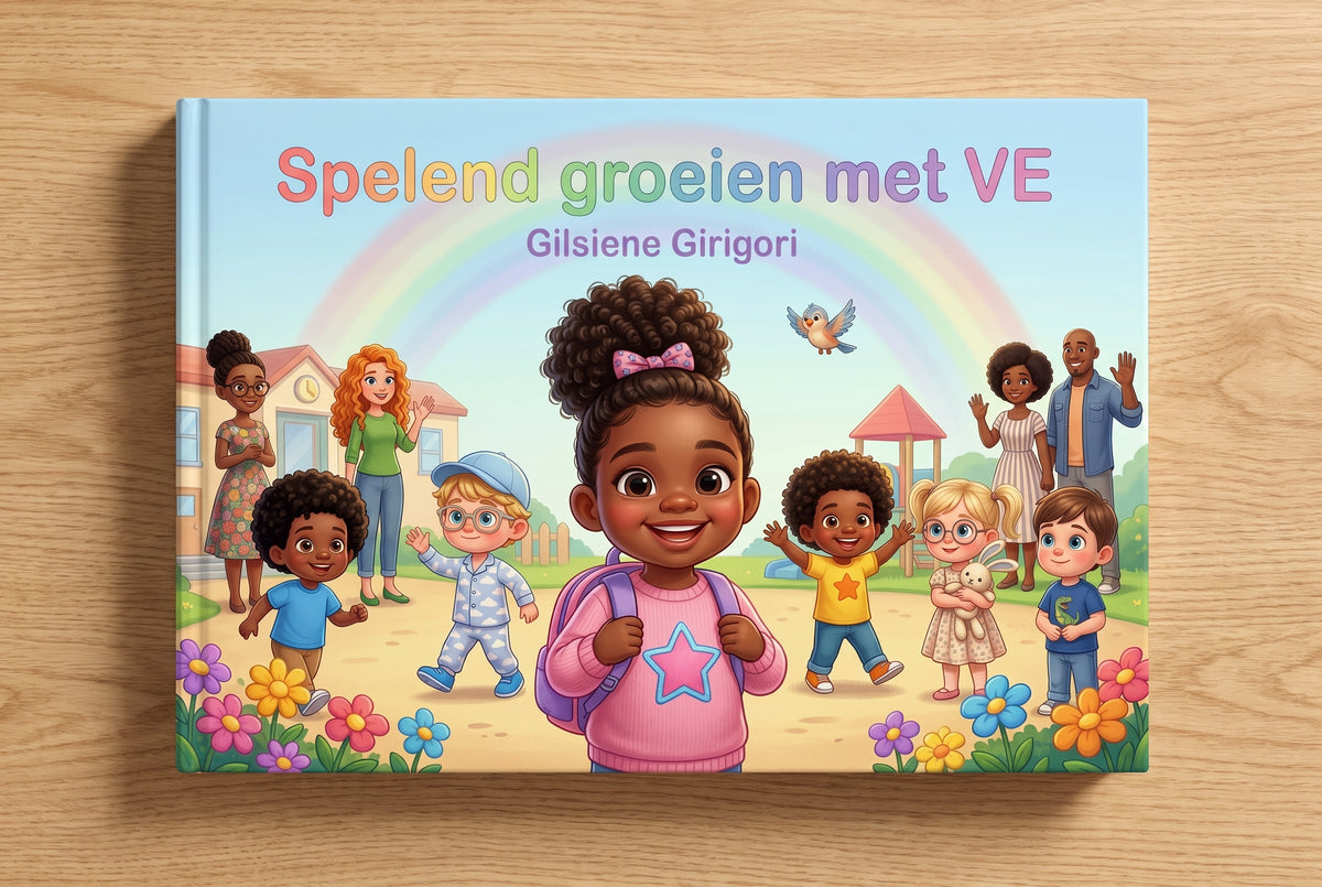 Voorpagina van het kinderboek 'Spelend groeien met VE' met Hayley en andere kinderen voor een schoolplein onder een regenboog