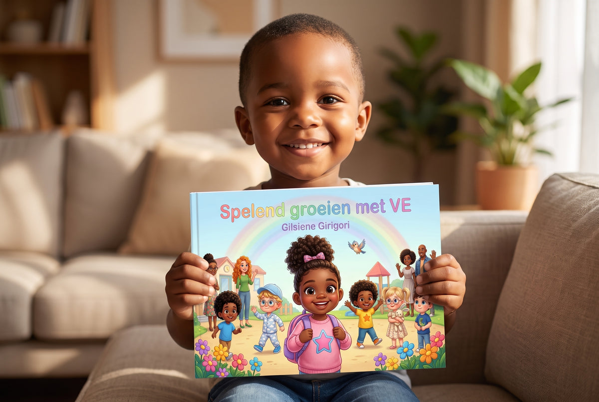 Kind houdt het kinderboek Spelend groeien met VE vast met kleurrijke illustratie van kinderen en een regenboog