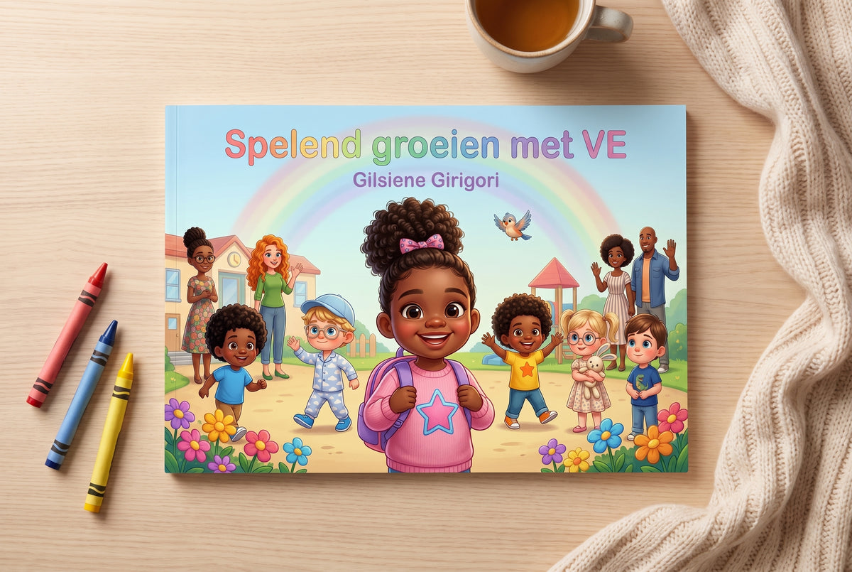 Voorplat van het kinderboek Spelend groeien met VE met Hayley en andere kinderen voor een peuterspeelzaal onder een regenboog