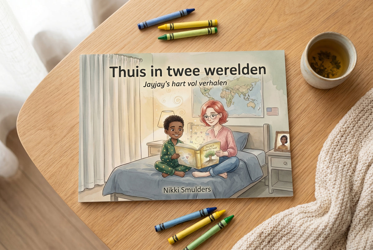 Voorplat van kinderboek Thuis in twee werelden met Jayjay en mama die samen een boek lezen op bed
