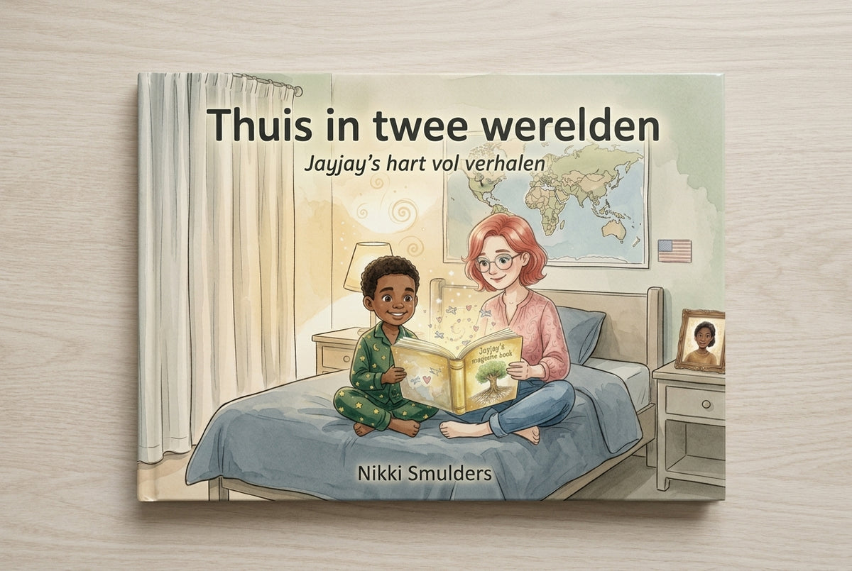 Voorzijde van het kinderboek 'Thuis in twee werelden: Jayjay’s hart vol verhalen' met Jayjay en Mama op bed, lezend