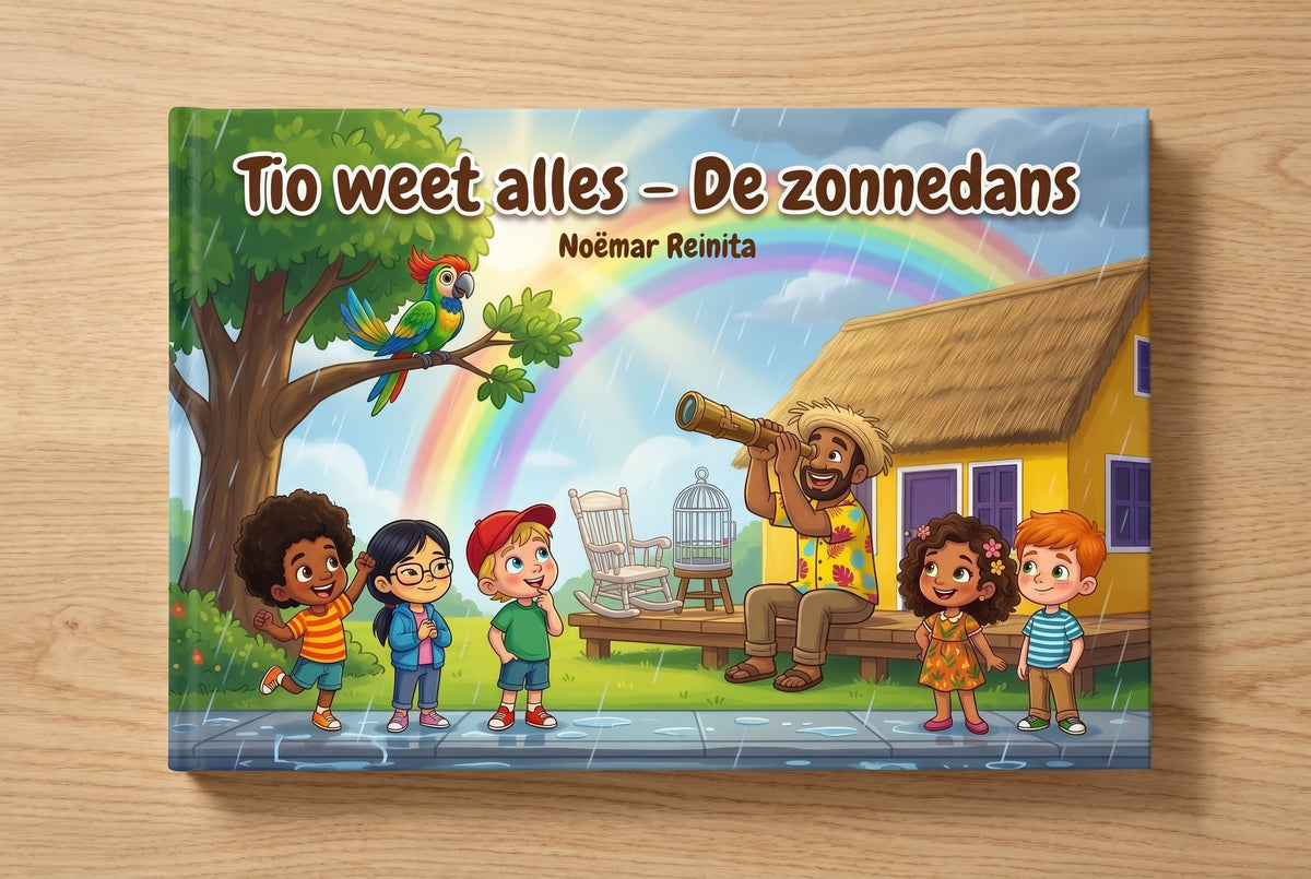 Voorpagina van kinderboek Tio weet alles - De zonnedans met Tio en kinderen onder een regenboog bij een huis