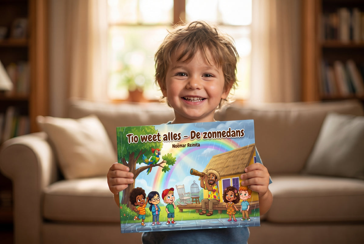 Kind houdt het kinderboek Tio weet alles - De zonnedans vast met kleurrijke illustraties en een regenboog