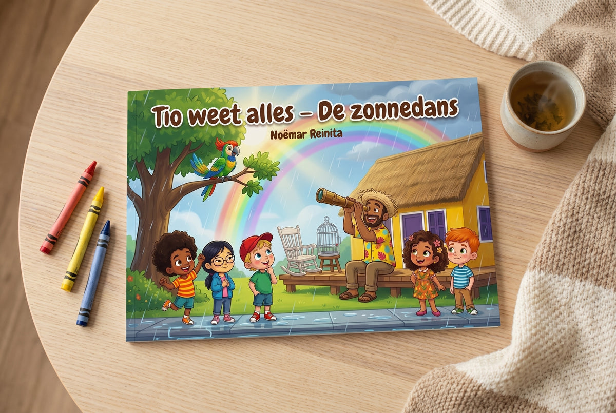 Voorplat van kinderboek Tio weet alles - De zonnedans met Tio en kinderen onder regenboog bij huis en boom