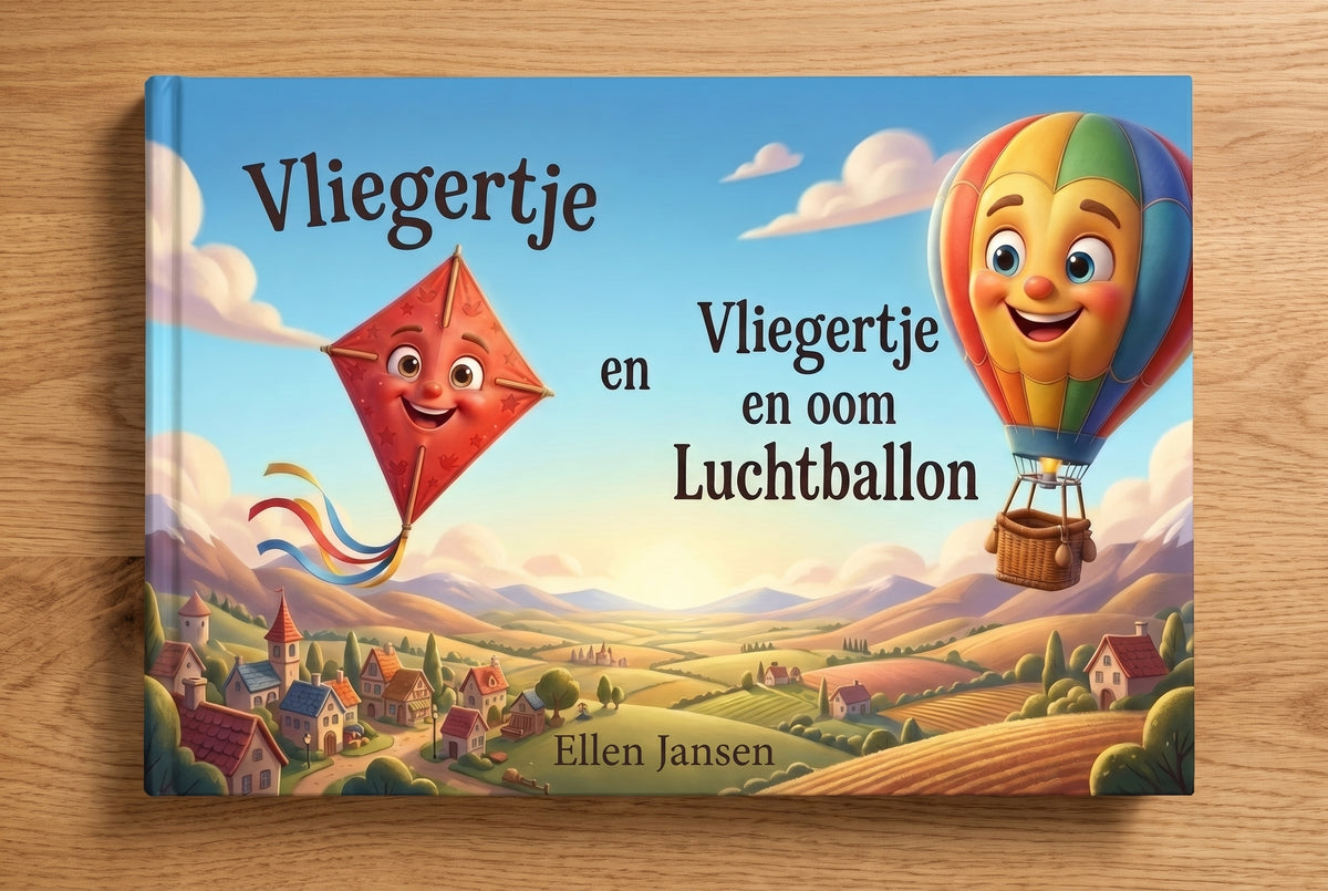 Voorplat van kinderboek Vliegertje en Vliegertje en oom Luchtballon met lachende vlieger en luchtballon boven landschap
