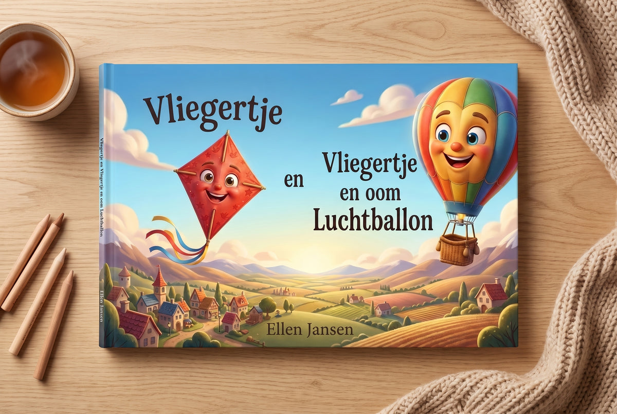 Voorplat van Vliegertje en Vliegertje en oom Luchtballon met een lachende rode vlieger en een kleurrijke luchtballon boven een landschap