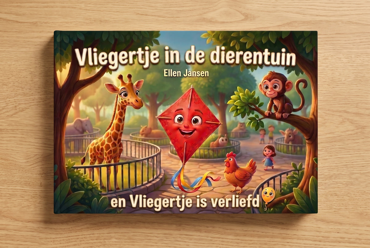 Voorplat van kinderboek Vliegertje in de dierentuin en Vliegertje is verliefd met vrolijke vlieger en dieren in dierentuin