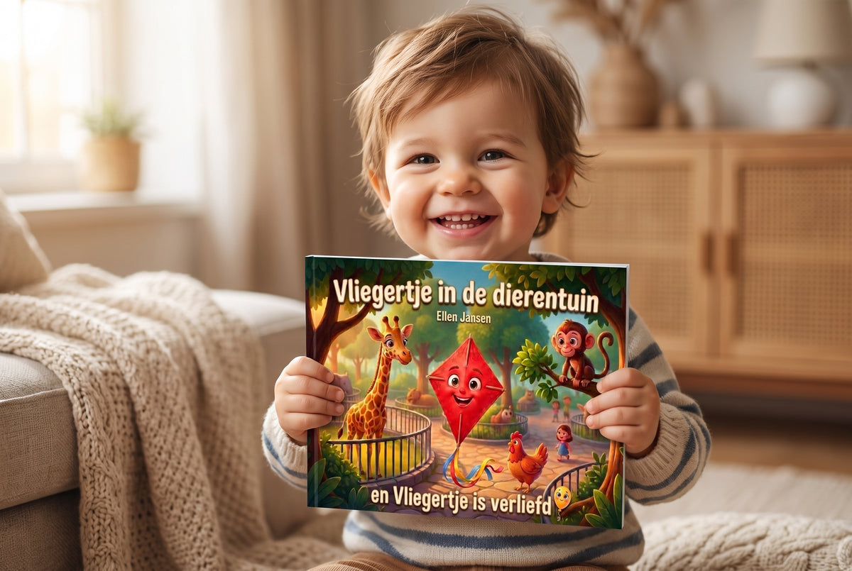Kind houdt het kinderboek Vliegertje in de dierentuin en Vliegertje is verliefd vast met kleurrijke dieren en vlieger op de voorkant