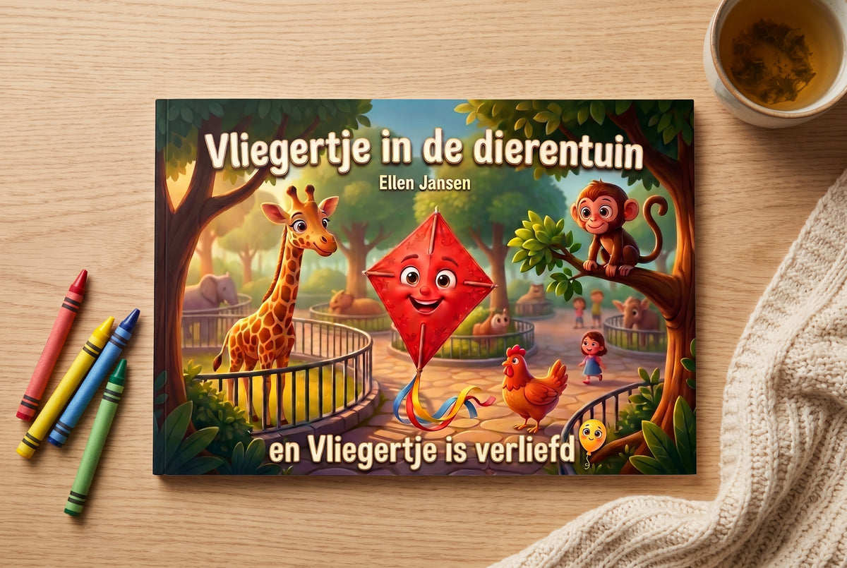 Voorplat van kinderboek Vliegertje in de dierentuin en Vliegertje is verliefd met vrolijke vlieger en dieren in de dierentuin